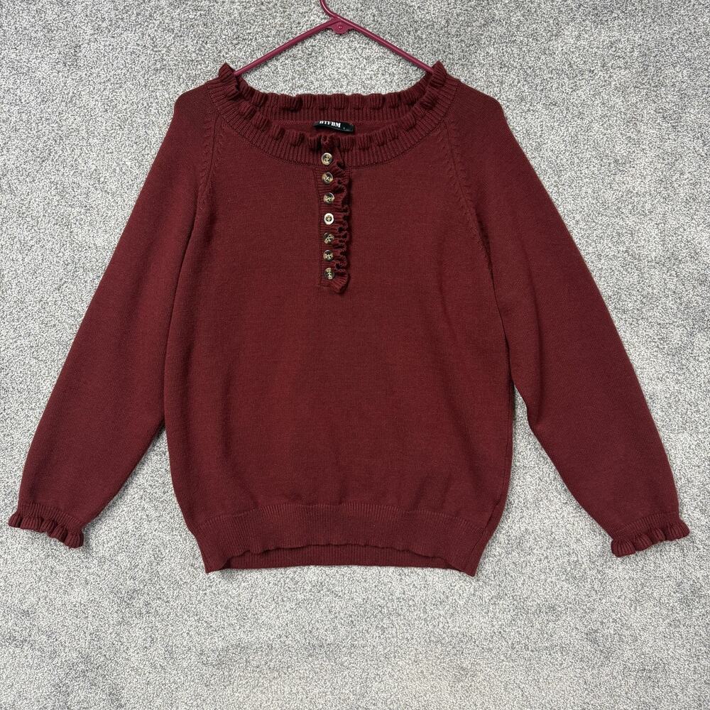 BTFBM Sweater Womens L Maroon Ruffle Henley Knit Dark Romantic Feminine Layering